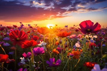 Foto op Plexiglas Un champ de fleurs colorées au printemps sous un magnifique coucher de soleil © David Giraud