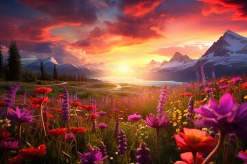 Un champ de fleurs colorées au pied des montagnes, au printemps sous un magnifique coucher de soleil