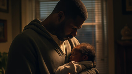 African American Father Holding His Newborn Baby Son at Home. Fatherhood Concept