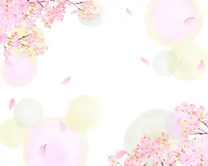 Rolgordijnen 美しい薄いピンク色の桜の花と花びら春の水彩白バックフレーム背景素材イラスト © Merci