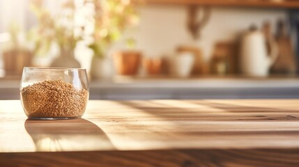Fototapeta na wymiar Close up wooden counter in modern kitchen interior, sunny day.