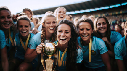 Laughing female athletes with soccer trophy in stadium - obrazy, fototapety, plakaty
