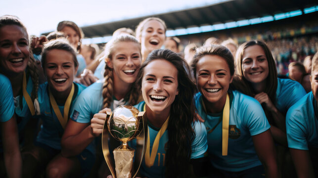 Fototapeta Laughing female athletes with soccer trophy in stadium