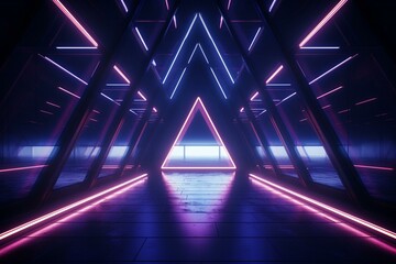 Futuristic alien spaceship's dark corridor with big windows revealing neon glowing triangle lines background. Generative AI - obrazy, fototapety, plakaty