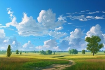 Beautiful landscape with sky and meadow. Generative AI