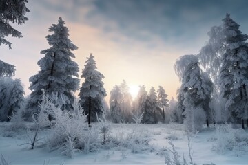 Snow-covered pine trees on frosty evening. Winter panorama. Generative AI