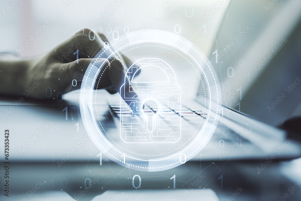 Poster double exposure of creative lock hologram with chip and hands typing on laptop on background. inform