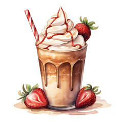 Coffee cold cup frappuccino with strawberries on whipped cream, watercolor illustration