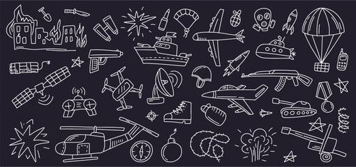 Vector collection of army and war symbols hand-drawn in doodle style