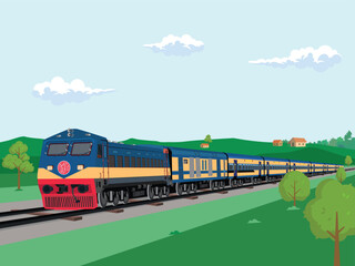 Bangladeshi train running middle of the village illustration vector Bangladesh