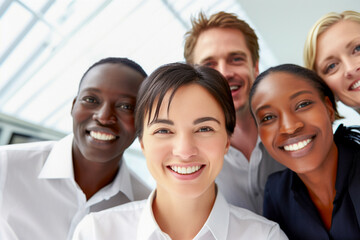 Ethnicité et diversité au travail avec des employés heureux célébrant le succès de l'entreprise. - obrazy, fototapety, plakaty