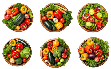 Set of top view green vegan salad mix with various of vegetable on wooden bowl isolated on transparent png background, healthy food with high fiber and vitamin concept. - obrazy, fototapety, plakaty