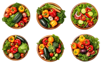 Poster Set of top view green vegan salad mix with various of vegetable on wooden bowl isolated on transparent png background, healthy food with high fiber and vitamin concept. © TANATPON