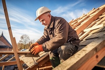 Middle-aged Caucasian man in hardhat is working on the construction of a wooden frame house. Male roofer is in process of strengthening the wooden structures of the roof of a house.