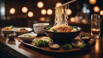 ramen food at luxury restaurant, copy space 

