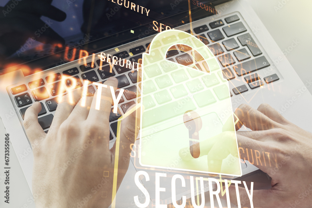 Poster double exposure of creative lock hologram with chip and hands typing on laptop on background. inform