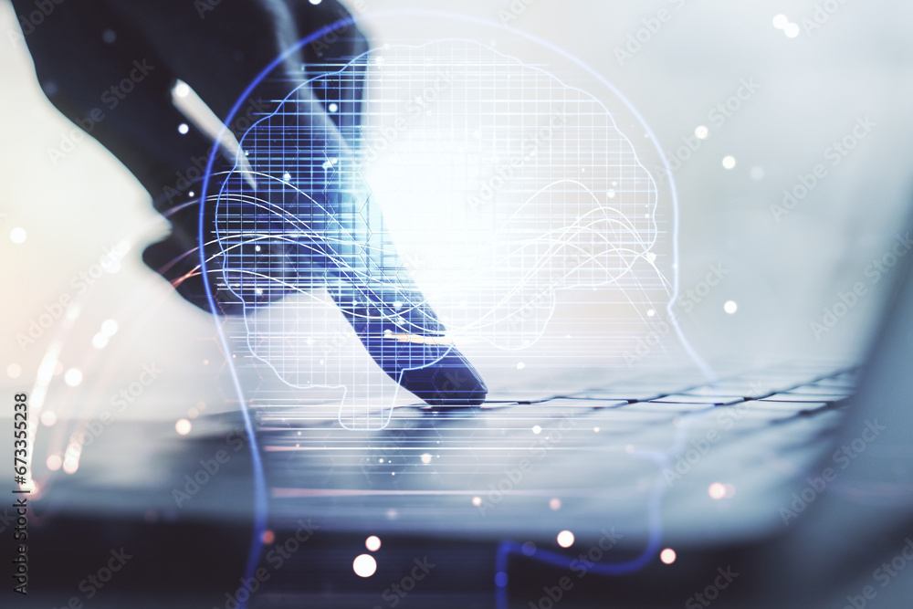 Aufkleber double exposure of creative artificial intelligence symbol with hands typing on laptop on background