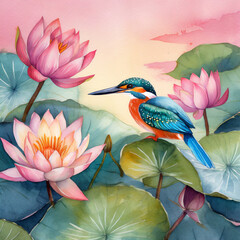 watercolor wallpaper pattern landscape of lotus flower with kingfisher with pink background