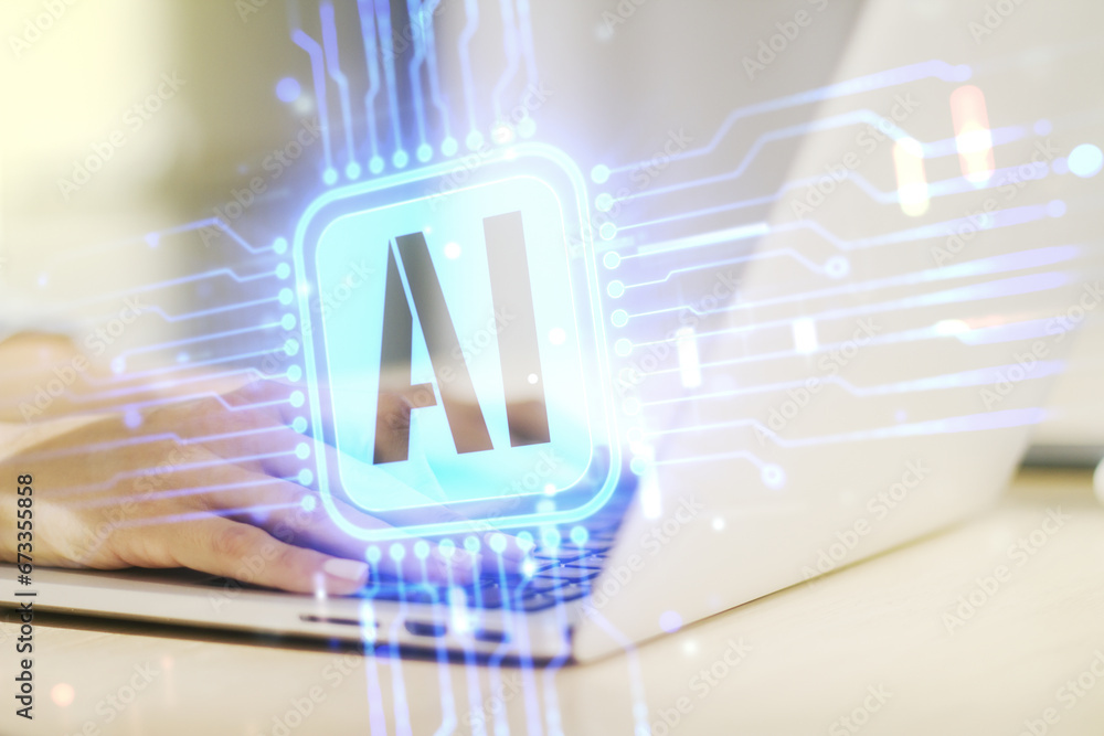 Poster double exposure of creative artificial intelligence icon with hands typing on laptop on background. 