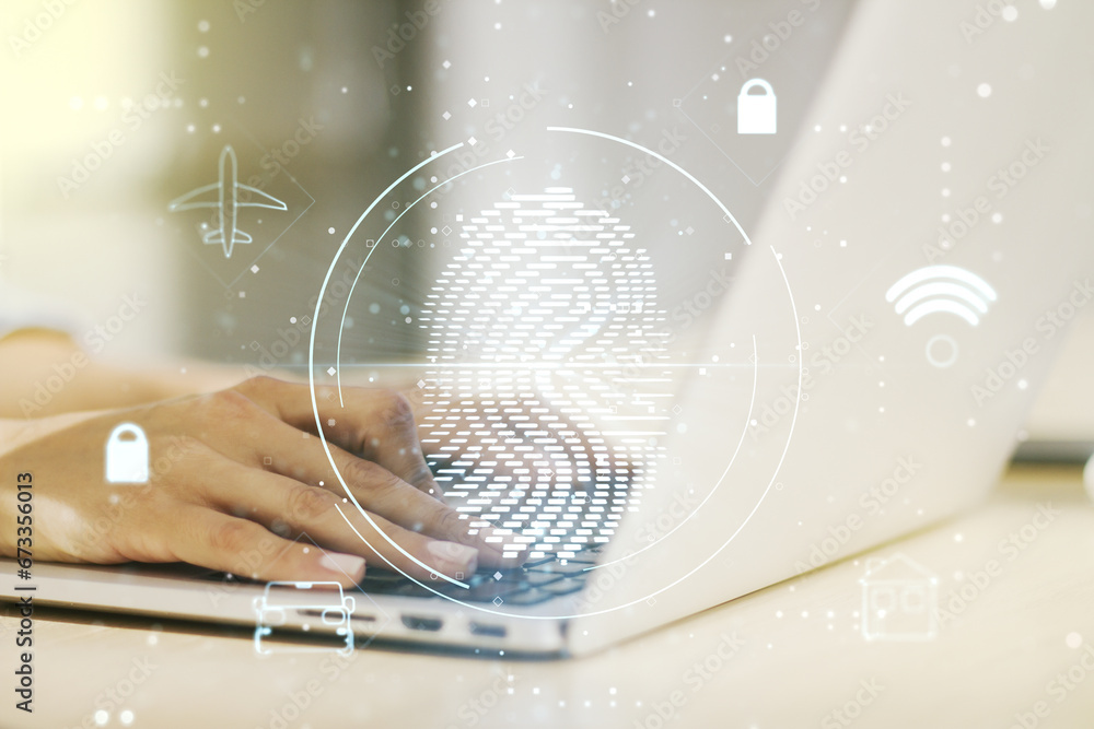 Poster double exposure of abstract creative fingerprint hologram with hands typing on laptop on background,