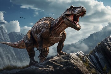 Tyrannosaurus Rex atop a mountain rock. Generative AI