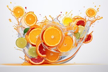 Obraz premium Water splash on fresh orange with leaves isolated on white background.