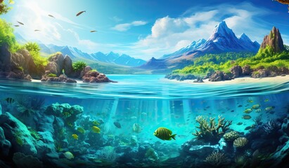 Fototapeta na wymiar Tropical Island And Coral Reef - Split View With Waterline. Beautiful underwater view of lone small island above and below the water surface in turquoise waters of tropical ocean. Seascapes.