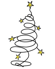 Arbol de navidad en color negro. Dibujo a línea de color negro y amarilo. Árbol navideño con estrellas colgadas de decoración. Imagen sin fondo 
