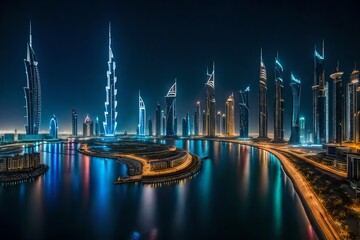 Obraz premium A panoramic view of the Dubai city skyline at night