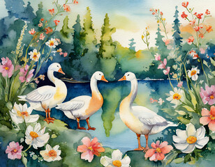 Watercolor painting pattern of flowers surrounding the lake with a pair of white geese in vintage style for wall painting