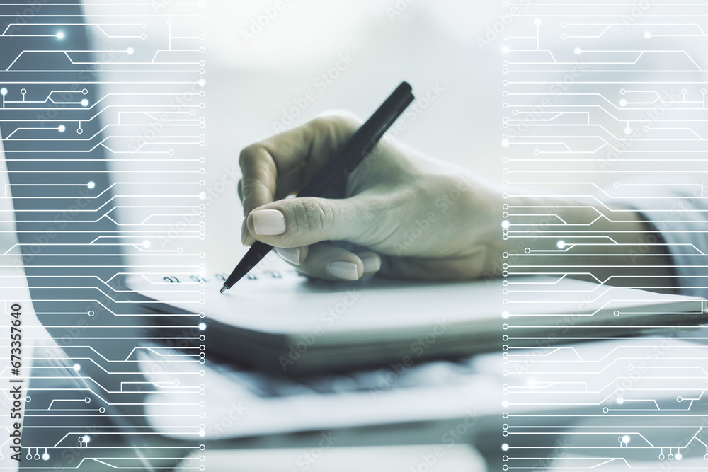 Poster Creative abstract micro circuit sketch and hand writing in notepad on background with laptop, future technology and AI concept. Double exposure