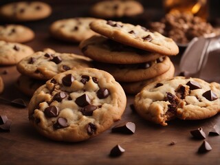 close up view of homemade chocolate chip cookies, blurry background

