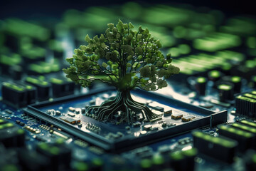 Tree growing on the converging point of computer circuit board. Green computing, Green technology, Green IT, CSR, and IT ethics. Concept of green technology. Environment green technology