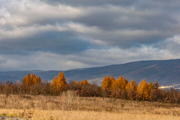 autumn time with cloudy sky between fields by Milada lake