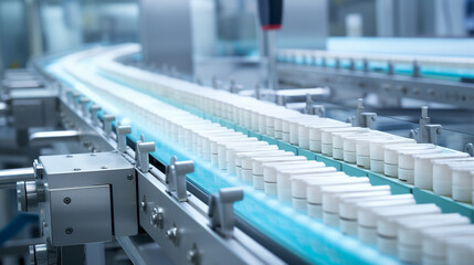 A detailed view of the conveyor belt in a pharmaceutical facility, showcasing the seamless movement of medical tablets, emphasizing the dedication to quality and precision in medic 