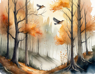 watercolor drawing forest landscape of dry trees in autumn with birds and fog background