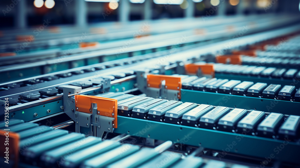 Poster a conveyor production line close-up, featuring rows of freshly packaged personal electronics, highli