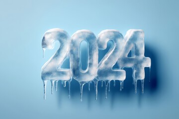 a number 2024 made out of ice on a blue background, clear figures