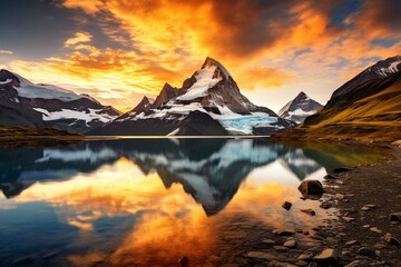 Scenic sunrise on Bernese Range above Bachalpsee lake with Eiger, Jungfrau, Faulhorn peaks in beautiful Swiss Alps, Grindelwald valley. Generative AI