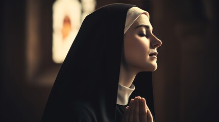 Faithful young Catholic nun praying in catholic church. Close-up photo.