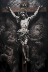 Grisaille art of Jesus crucified on cross with crown of thorns and halo