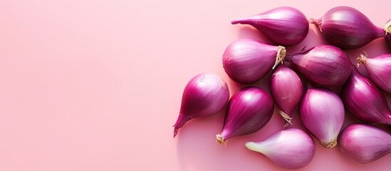 Arranged on a pink backdrop with lighting and shadows there is a still life composition featuring whole eggplants and sliced red onion bulbs seen from above