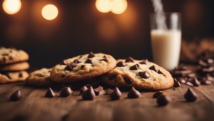 close up view of homemade chocolate chip cookies, blurry background  
