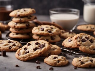 Naklejka premium close up view of homemade chocolate chip cookies, blurry background