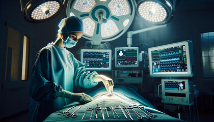 Surgeon in operating room with instruments; In the background are monitors with medical data and body scans.