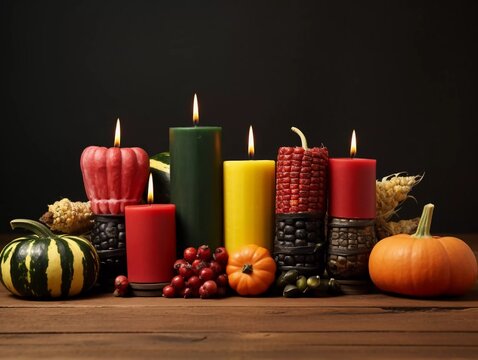 Kwanzaa holiday concept with decorate seven candles, red, black and green, gift box, pumpkin, corn and fruit on wooden table and background, AI generator