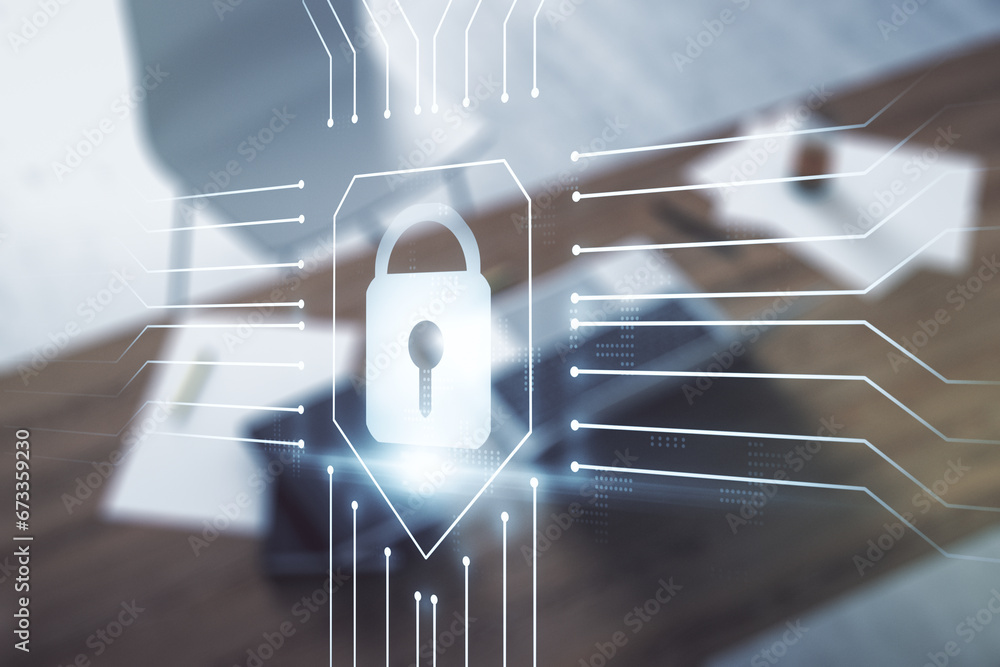 Poster double exposure of creative lock hologram with chip and modern desktop with laptop on background. in