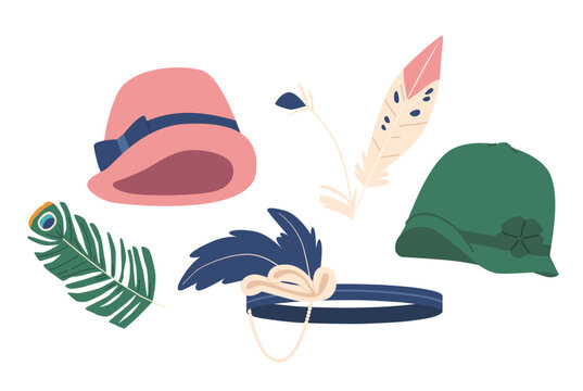 Retro Female Accessories Of The 1920s Included Cloche Hats, And Feathered Headbands, Capturing The Roaring Twenties