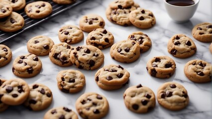 homemade chocolate chip cookies with ingredients at white marble kitchen 

