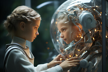 sci-fi fantasy illustration, friendship between artificial intelligence and humans, communication scene through technology illustrates future human-robot interaction. - obrazy, fototapety, plakaty
